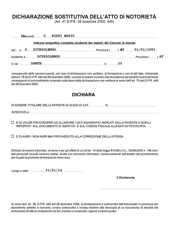 Dichiarazione sostitutiva errori